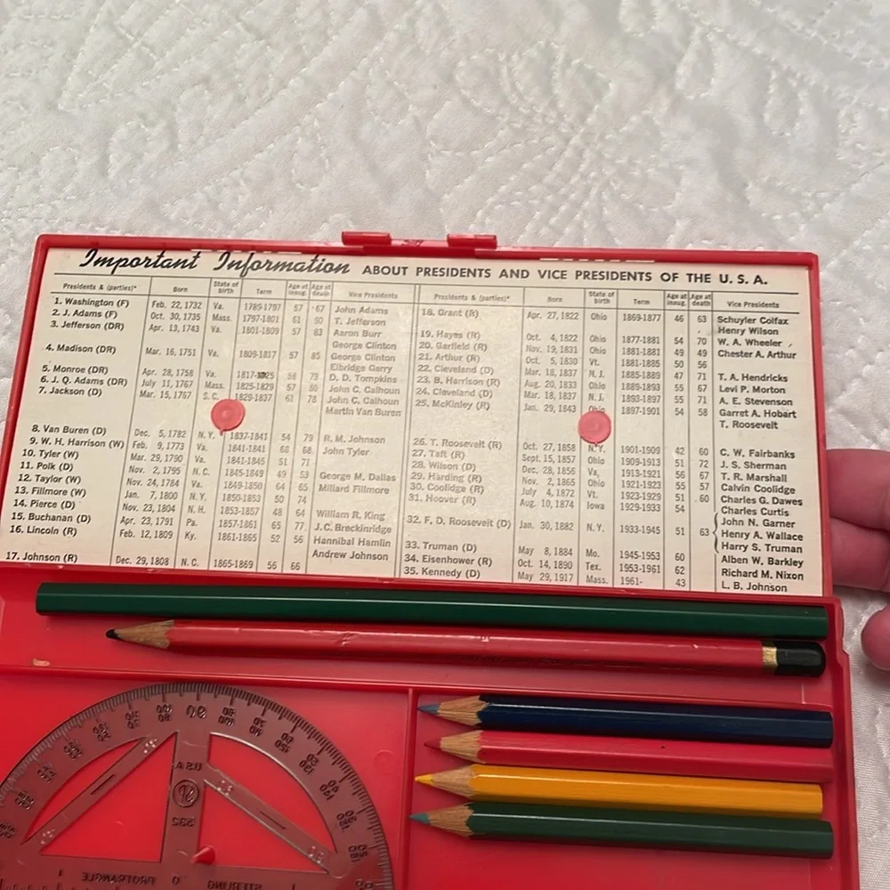 Vintage 1960 Presidents of US & Terms in Office Plastic Pencil Case Dial Knobs